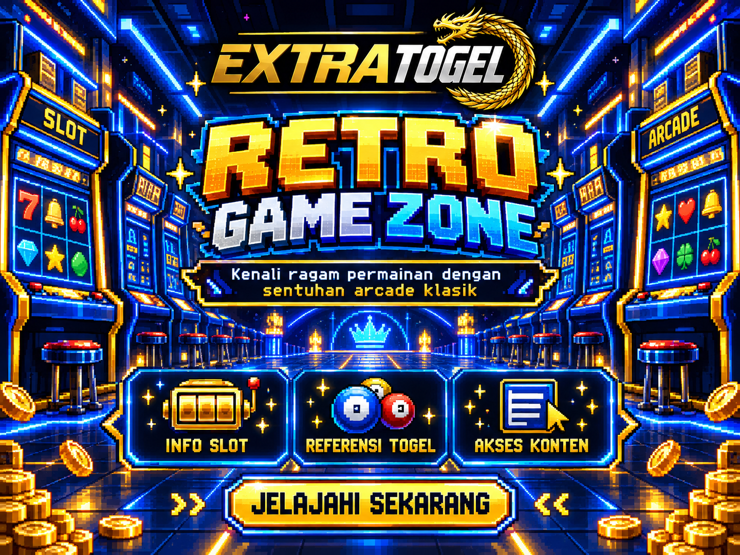 Banner EXTRATOGEL bergaya pixel art dengan mesin arcade slot retro dan lorong neon biru emas